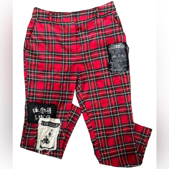 Red Plaid/Tartan Custom Punk Patched Pants Disney x Forever 21 Medium - Picture 2 of 4